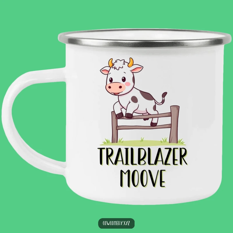 Funny Kawaii Cow Camping Mug: Fence Jump Adventure - Cute Outdoor Humor