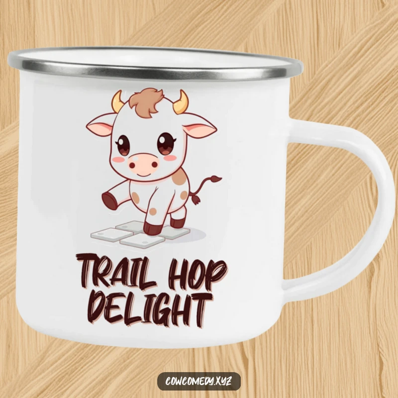 Funny Kawaii cow camping mug showing a cute character with big happy eyes playing hopscotch, perfect for humorous outdoor enthusiasts.