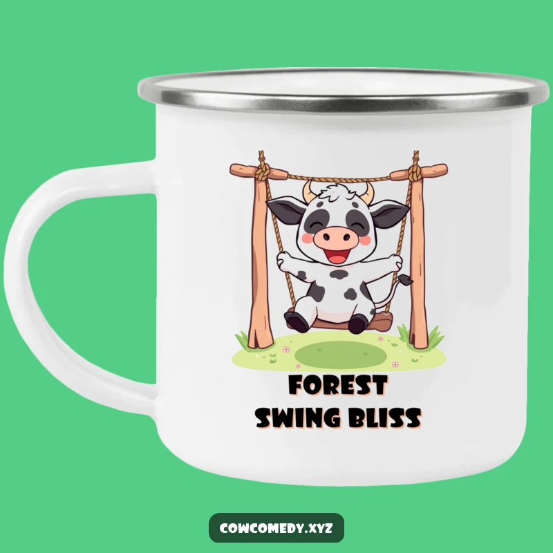 Funny Kawaii Cow Camping Mug: Rope Swing Adventure - Cute Outdoor Fun