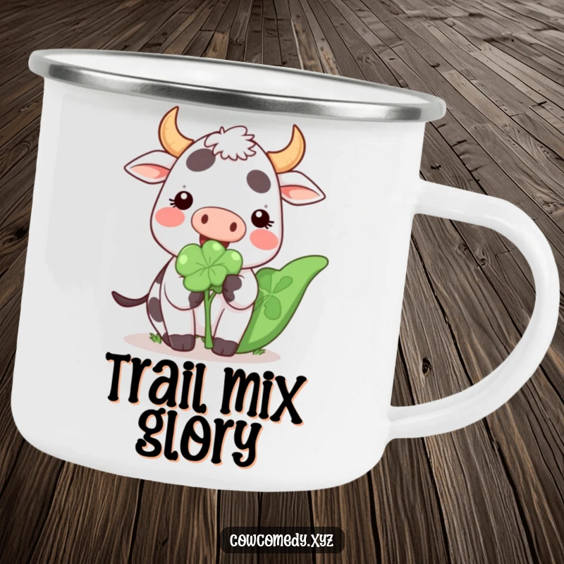 Funny Kawaii Cow Camping Mug showing a cute, happy cartoon cow eating a giant clover, perfect for outdoor luck.