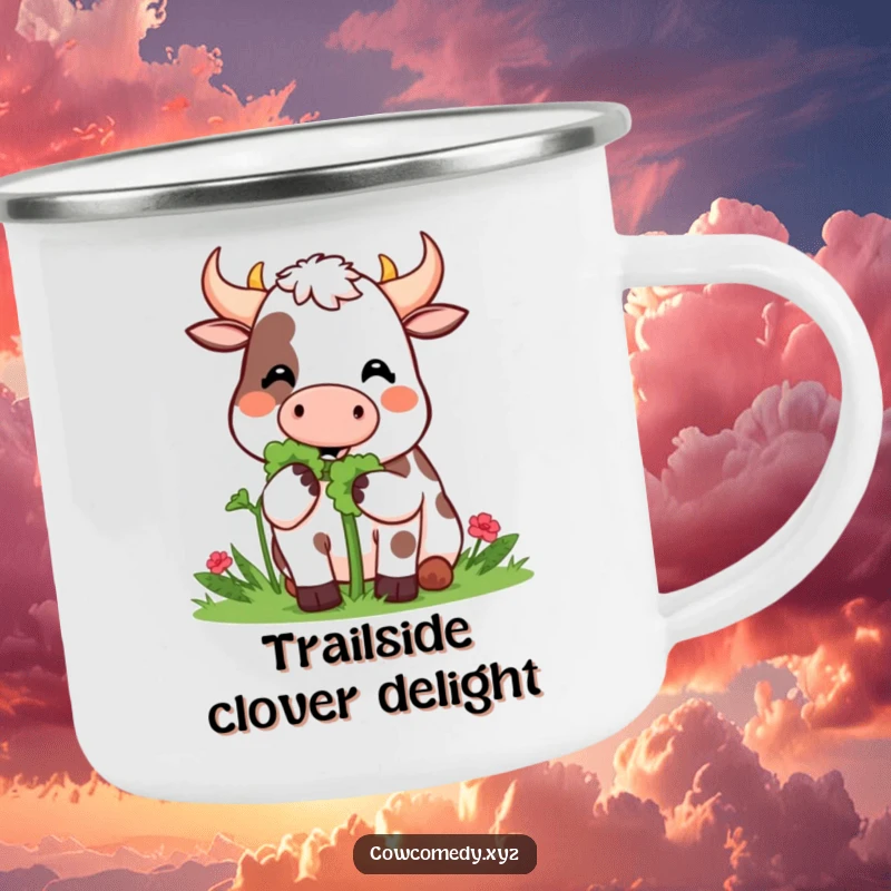 Funny Camping Mug: A Kawaii cow happily munches on a giant clover, perfect for lucky outdoor sips.