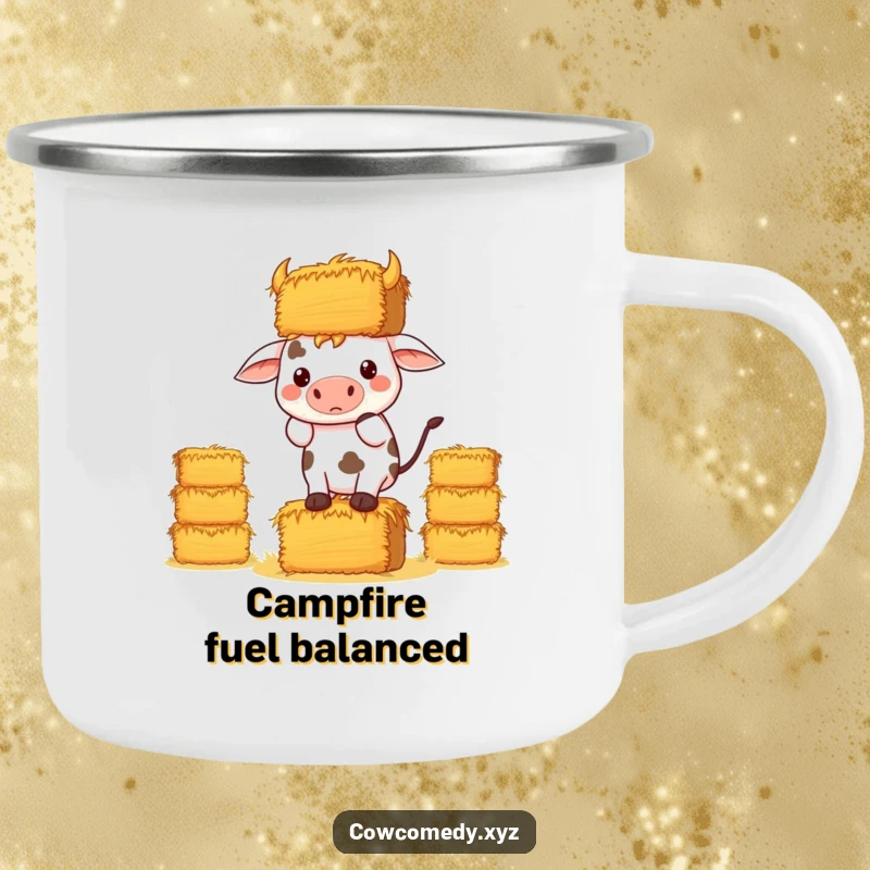 Funny Kawaii Cow Camping Mug, a determined cow balancing hay bales, humorous outdoor gear.