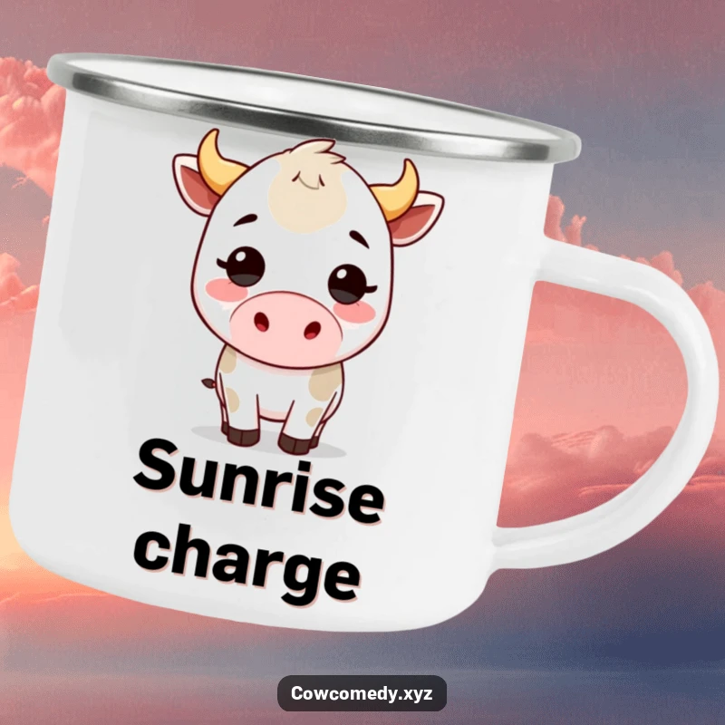 Funny kawaii cow camping mug featuring a durable enamel finish and a cute bovine character in a playful headbutt, designed for outdoor humor.