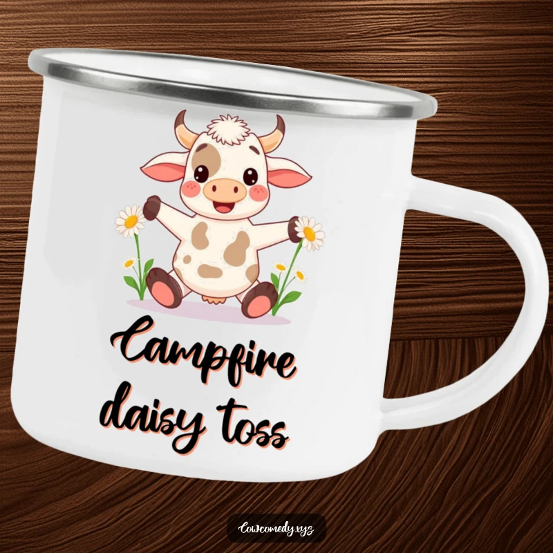 Funny Kawaii Cow Camping Mug: Durable cup with a cow juggling daisies, perfect for humorous outdoor experiences.