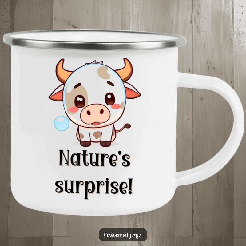 Funny Kawaii Cow Camping Mug showing a cute, surprised cartoon cow by a floating bubble, perfect for outdoor enthusiasts.