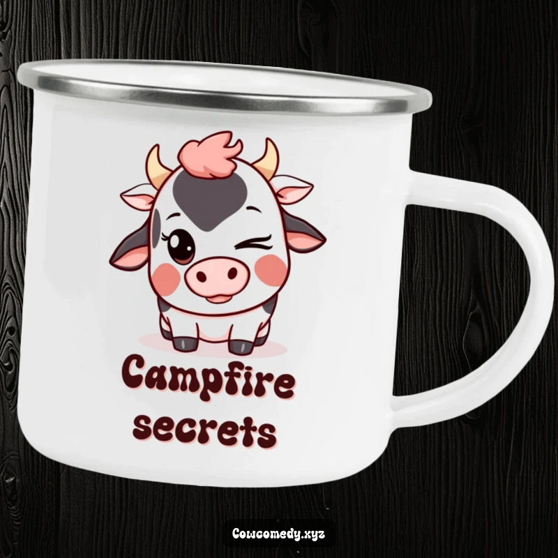 Funny Kawaii Cow Camping Mug showing a cute cartoon cow winking with a mischievous grin, perfect for outdoor mischief.