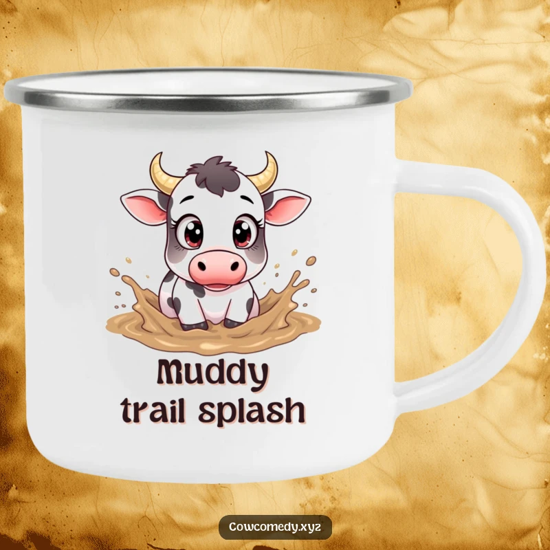 Funny enamel camping mug with a cow featuring large eyes, playfully splashing in mud.