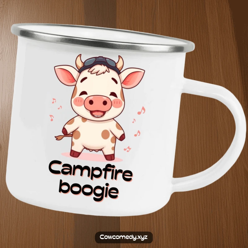 Funny camping mug with a rosy-cheeked cow bopping to an unheard rhythm, great for outdoor music lovers.