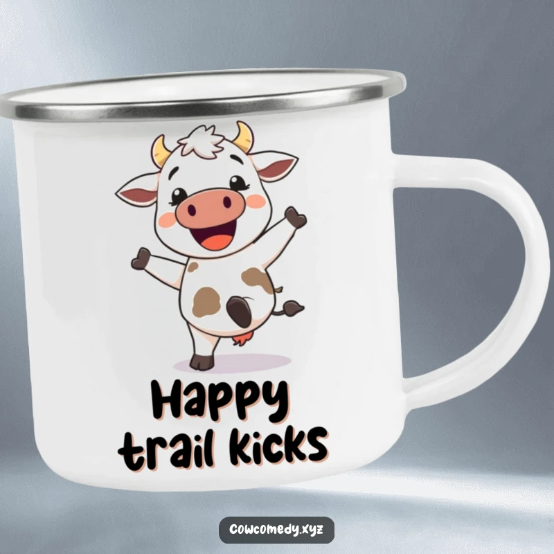 Funny Kawaii Cow Camping Mug: Durable cup featuring a happy cow kicking heels, perfect for outdoor humor.