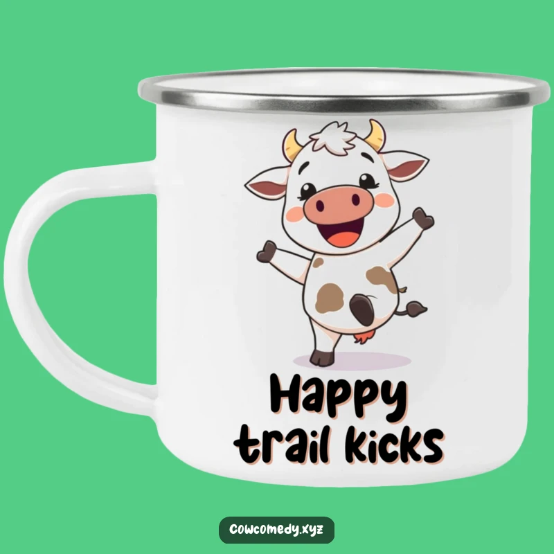 Funny Kawaii Cow Camping Mug - Happy Kicking Heels Campfire Cup - Outdoor Gift
