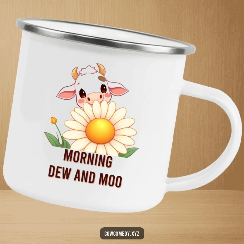 Funny camping mug showing a curious cow peeking over a large smiling daisy, perfect for outdoor adventures and campfire smiles.