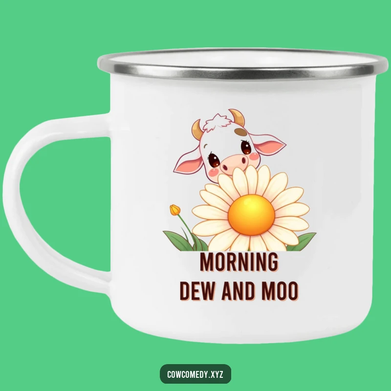 Funny Daisy Cow Camping Mug: Curious Cow Peeking Over Smiling Flower, Outdoor Humor Gift