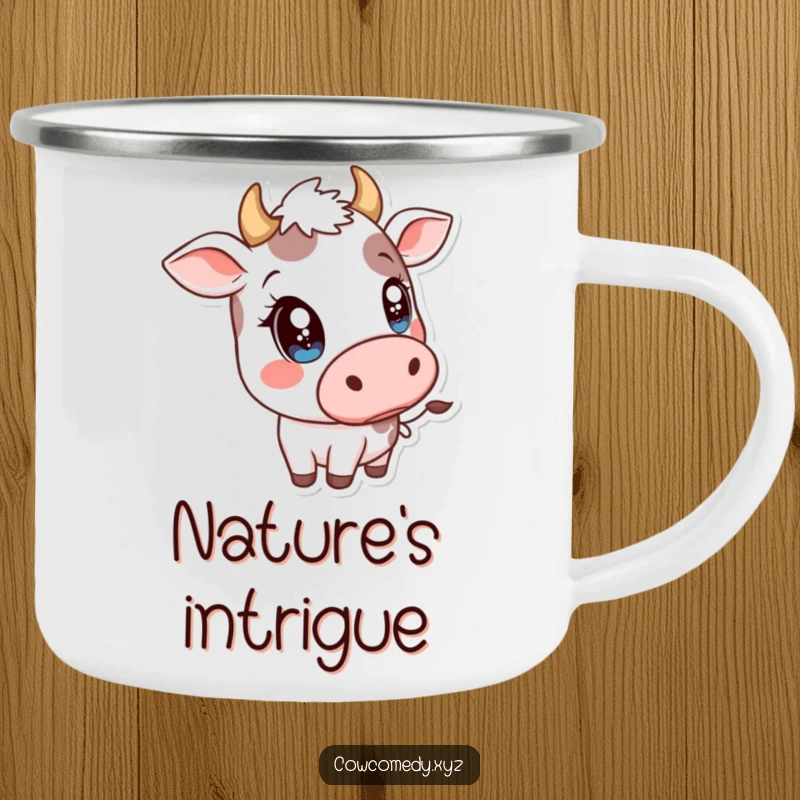 Funny Kawaii Cow Camping Mug: Durable cup with a cow tilting its head, sparkly eyes adding a humorous touch.