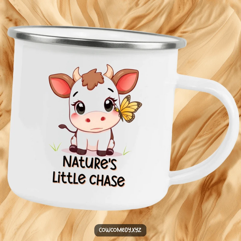 Funny Kawaii cow with wide eyes, trying to catch a butterfly, on a rustic camping mug.