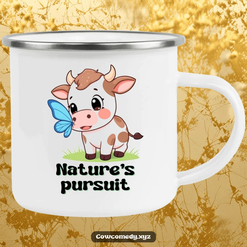 Funny camping mug showing a Kawaii cow with wide eyes trying to catch a beautiful butterfly in a serene outdoor setting.