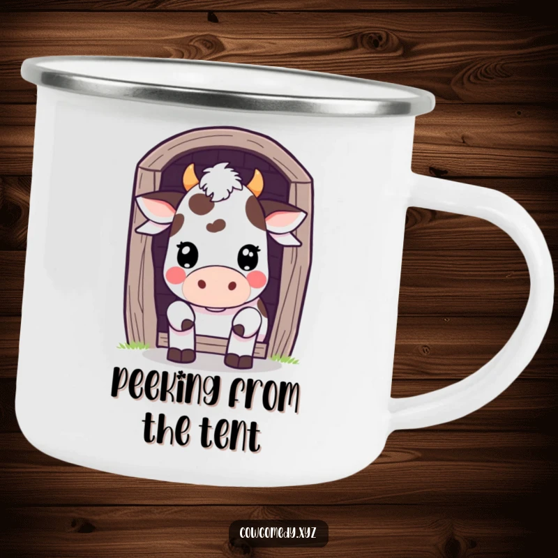 Funny Camping Mug: A Kawaii cow peeks playfully from behind a barn door, perfect for whimsical outdoor sips.