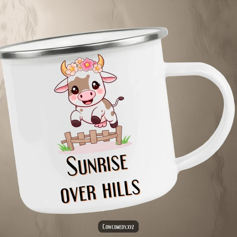 Funny camping mug featuring a happy kawaii cow wearing a flower crown, mid-leap over a fence, perfect for humorous outdoor sipping.