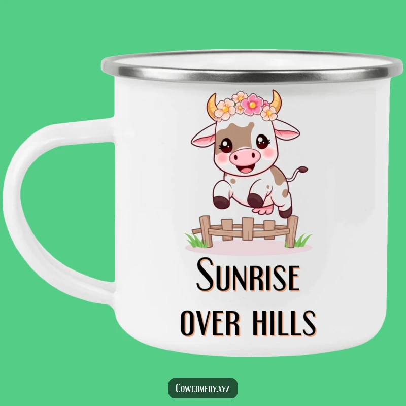 Funny Kawaii Cow Leap Camping Mug, Happy Humorous Drinkware for Outdoor Fun
