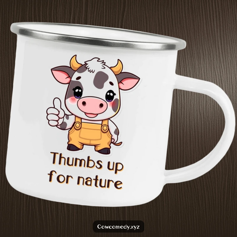 Funny camping mug featuring a cow in overalls giving a thumbs up, great for farm-themed outdoor activities.