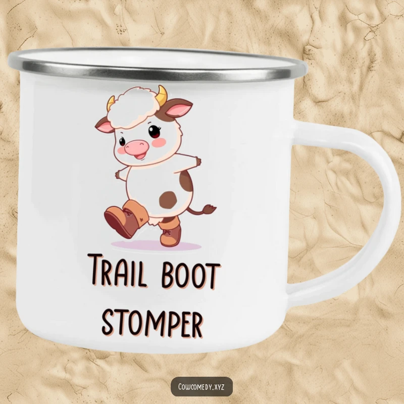 Funny Fluffy Cow Camping Mug: A fluffy cow with oversized boots happily kicking its legs, ready for outdoor fun.