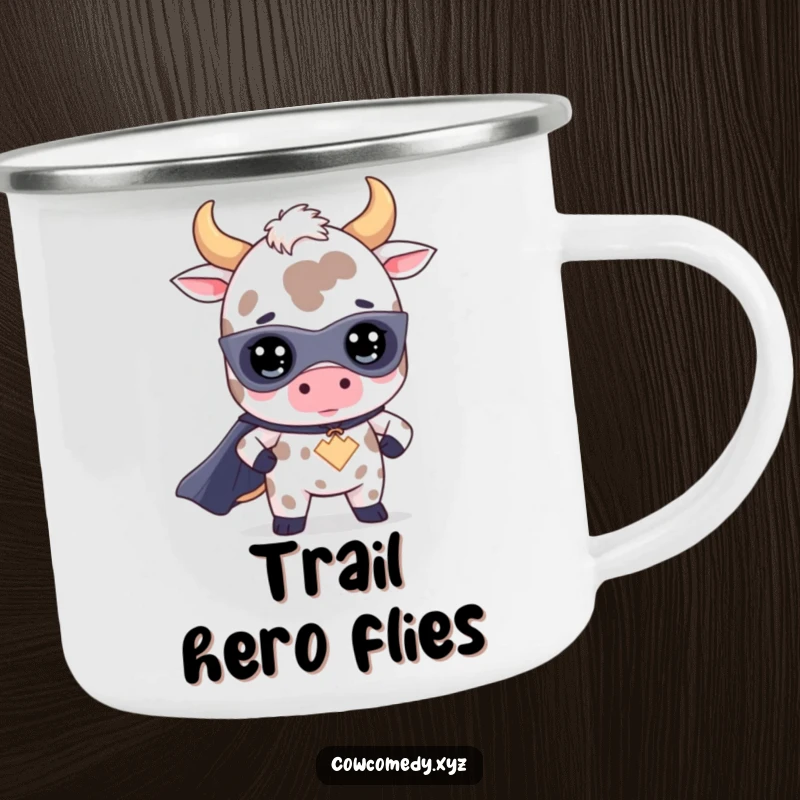 Funny kawaii cow superhero camping mug featuring a durable design and a cute bovine character in a heroic stance, ready for any adventure.