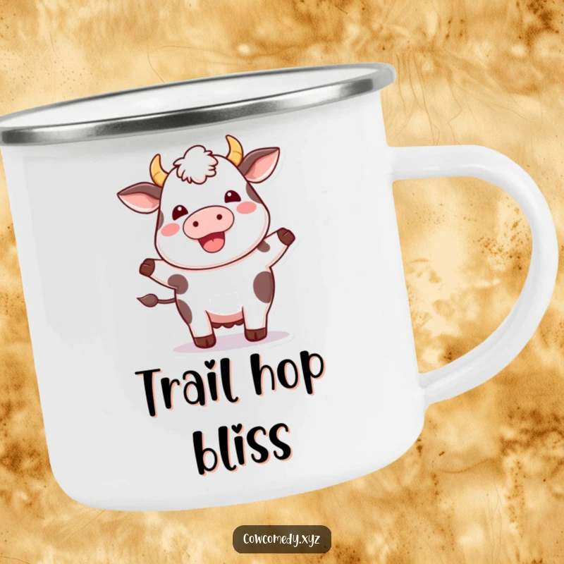 Funny Kawaii Cow Camping Mug: Durable cup with a plump cow happily hopping, perfect for humorous outdoor enjoyment.