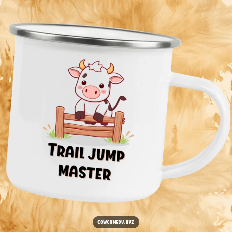 Funny Kawaii cow jumping over a fence camping mug, perfect for energetic outdoor mornings.