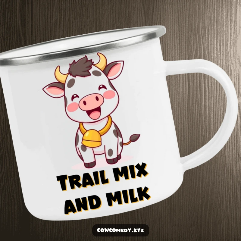 Funny Kawaii Cow Camping Mug, a happy cow ringing a cowbell on an adventure, humorous outdoor gear.