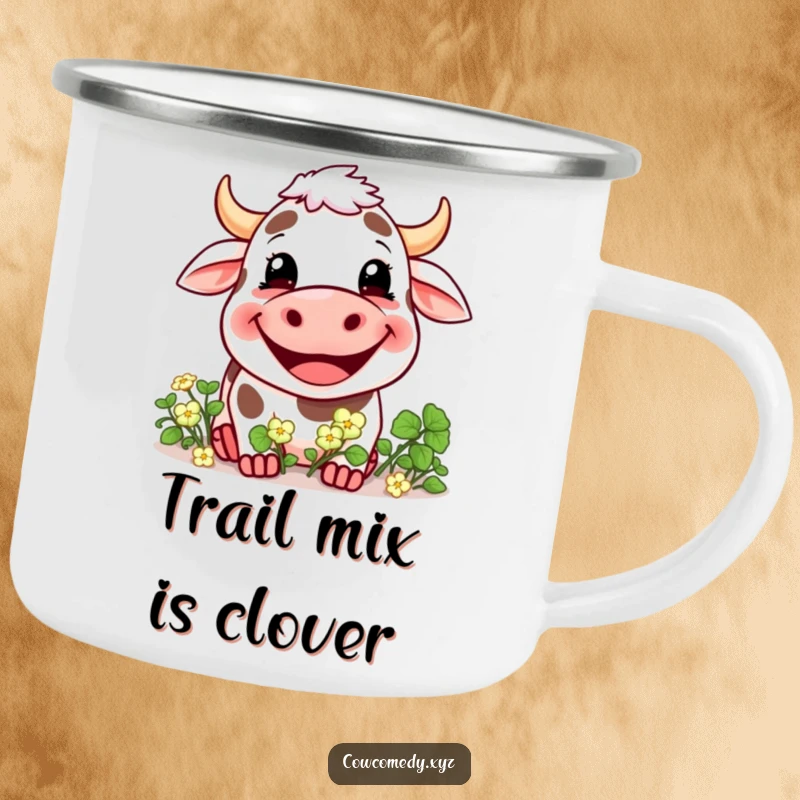 Funny camping mug showing a cow with a huge grin happily eating clover, ideal for cheerful outdoor trips.