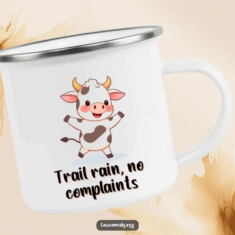 Funny camping mug featuring a happy cow joyfully dancing in the rain with a broad smile, built for outdoor cheer and happy sips.