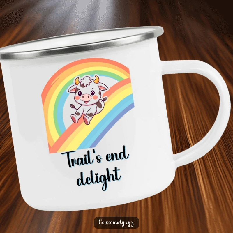 Funny cow camping mug, a happy cow sliding down a rainbow with a smile, perfect for humorous outdoor trips.