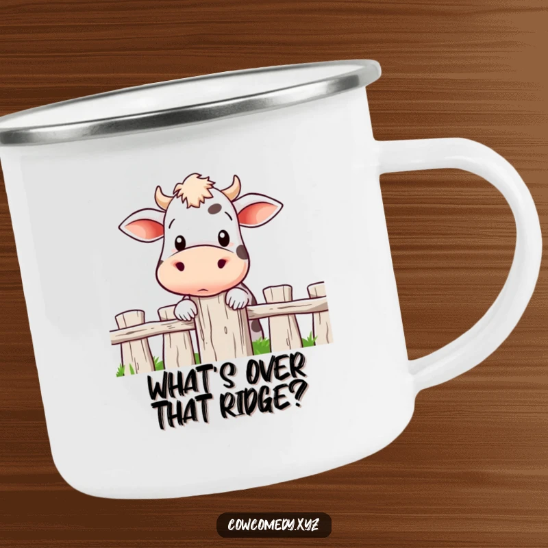 Funny camping mug showing a cow curiously peeking over a fence post, ideal for outdoor lovers with a sense of humor.