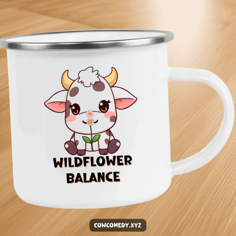 Funny Kawaii cow camping mug showing a cute character balancing a small flower on its nose, perfect for humorous outdoor enthusiasts.