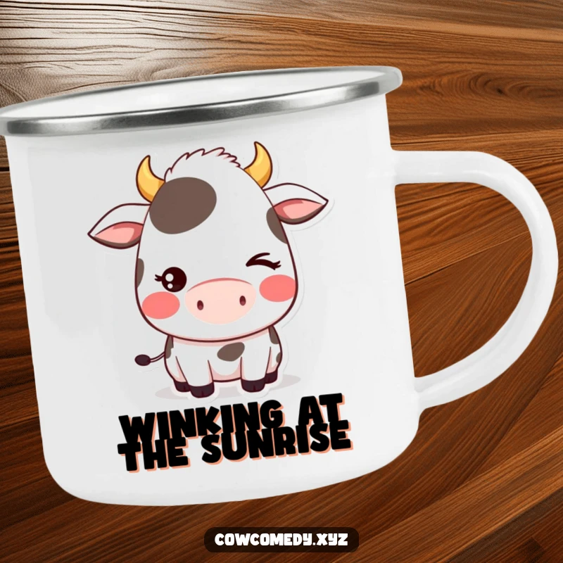 Funny camping mug with a blushing kawaii cow character giving a shy wink, perfect for adding cute charm to outdoor trips.