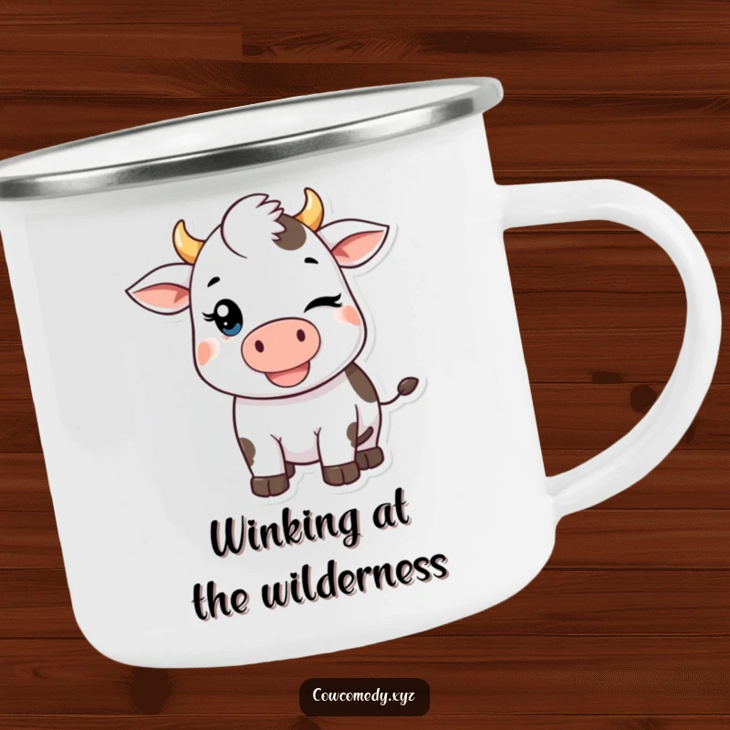 Funny Kawaii Cow Camping Mug: Durable enamel mug with a winking Kawaii cow design, perfect for hot or cold drinks on the go.