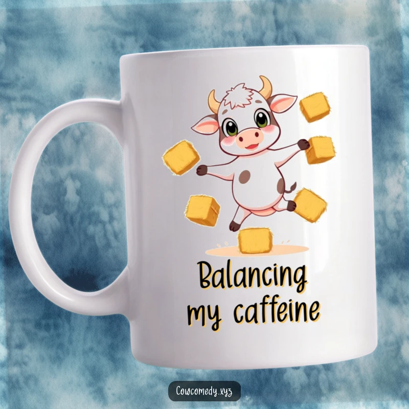 Funny mug showing a playful calf with big eyes, balancing precariously on three legs while juggling several hay bales.