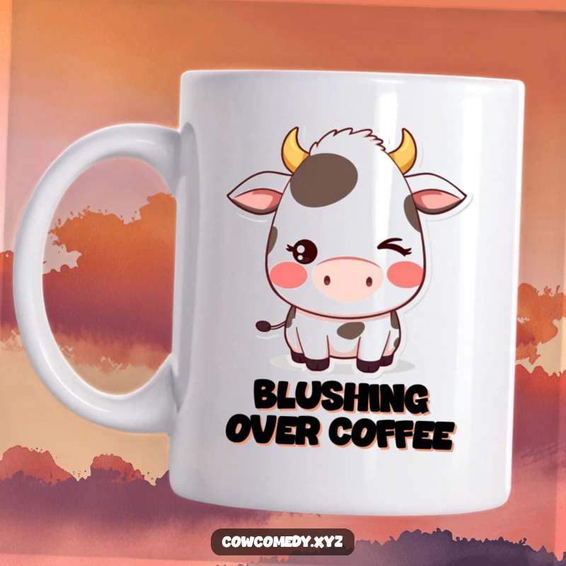 Funny mug featuring a kawaii cow character with rosy cheeks, giving a cute and coy wink, full of playful charm.