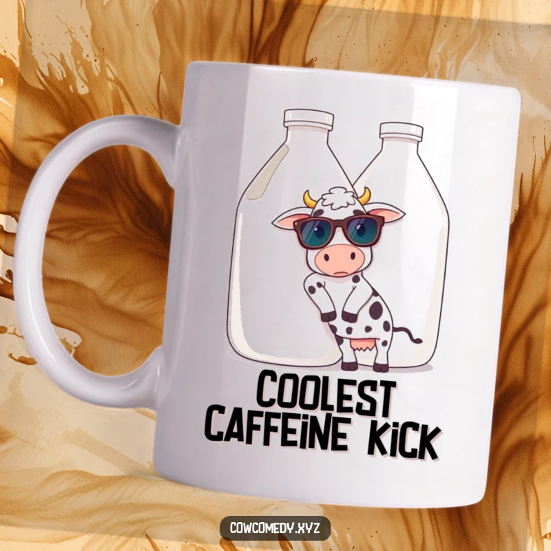 Funny mug shows a cow in sunglasses casually leaning on a huge milk jug, radiating extreme coolness and relaxed, confident dairy vibes.