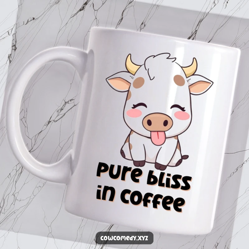 Funny mug featuring a happy cow with eyes closed, contentedly chewing, exuding a sense of pure peace.