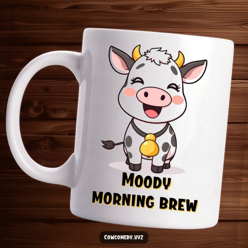 Funny cow with a bell around its neck wiggles joyfully, featured on this amusing mug.