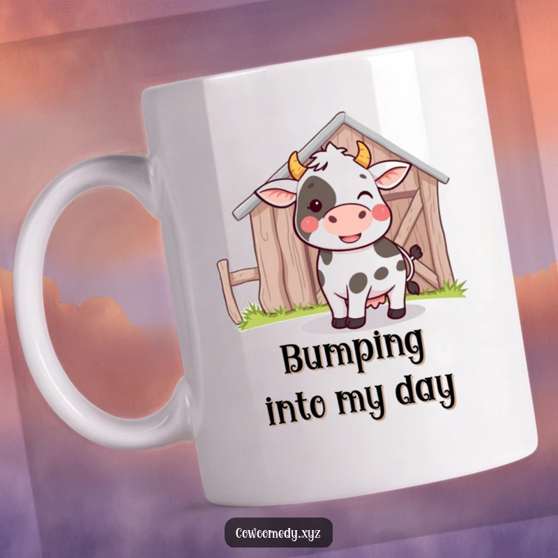 Funny mug showcasing a cartoon cow playfully and gently bumping its forehead against the side of a red barn.
