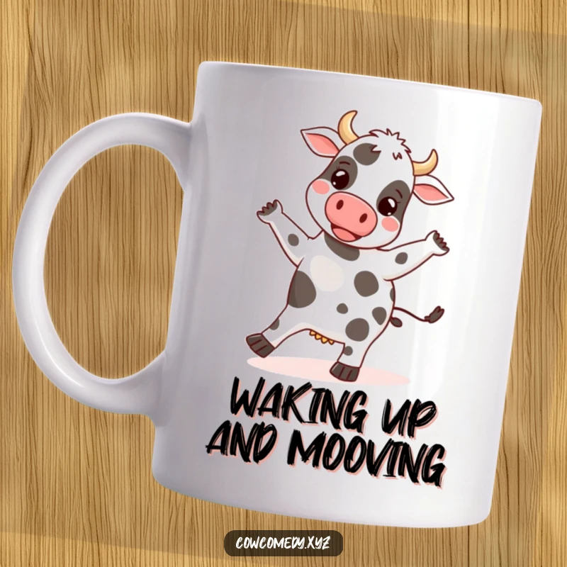 Funny mug showing a happy cow doing a silly dance, its spots bouncing rhythmically as if grooving to music.