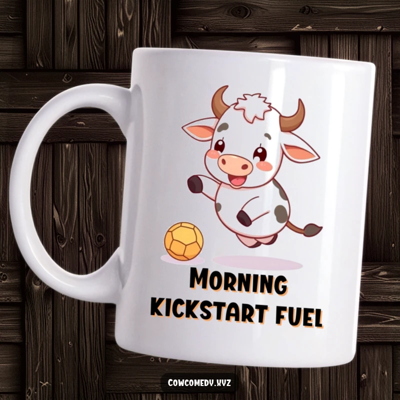 Funny mug showing a happy cartoon cow joyfully kicking a small, round ball with its hoof.