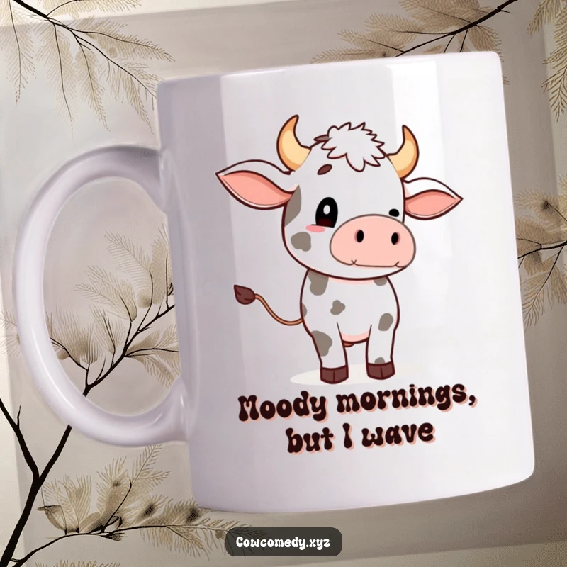 Funny mug with a cartoon cow enthusiastically waving its tail, showing off its playful and humorous personality.