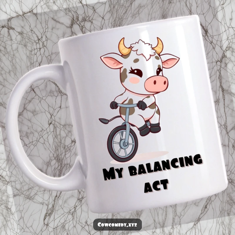 Funny mug showing a mischievous cow winking while skillfully riding a unicycle, perfect for coffee lovers.