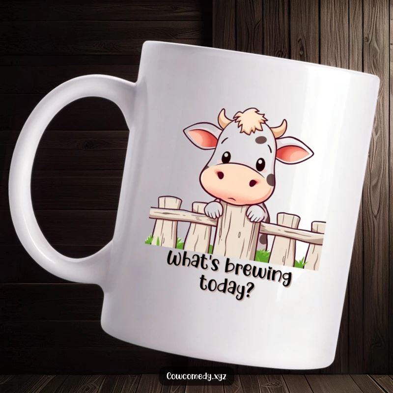 Funny mug showing a cow with wide, curious eyes peeking over a wooden fence post, full of playful intrigue.