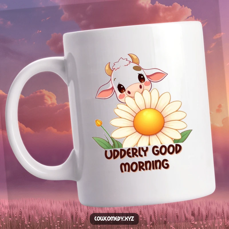 Funny mug featuring a curious cow peeking with a smile over a giant, happy daisy, showcasing whimsical farm humor.