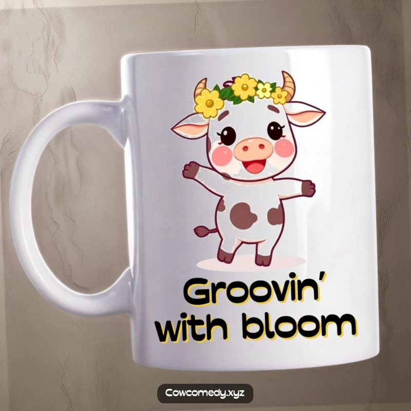 Funny mug capturing a cow adorned with a flower crown, busting a joyful dance move with pure happiness.