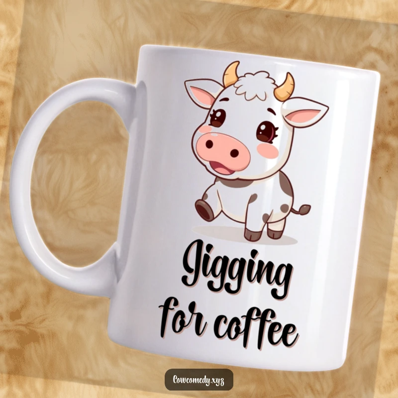 Funny mug featuring a kawaii cow character with hooves tapping to an excited rhythm, radiating pure joy and energy.