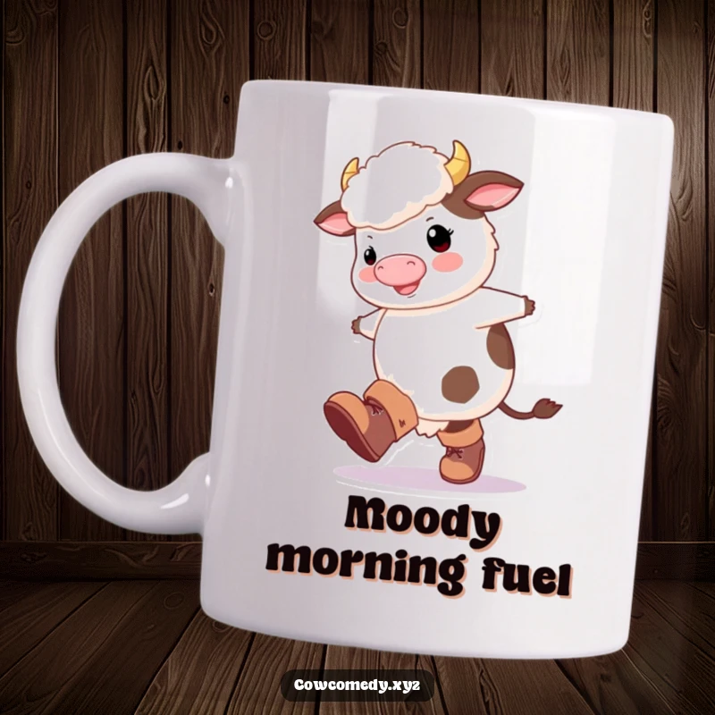 Funny Fluffy Cow Mug: A whimsical cow with oversized boots happily kicking its legs, full of joyful energy.